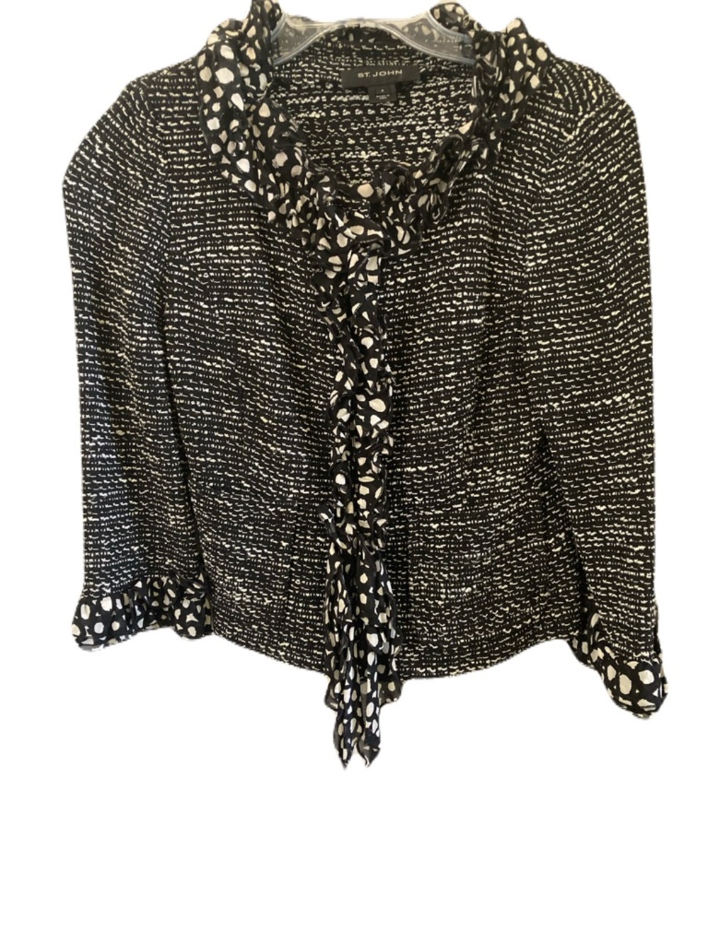 St. John Black and White Textured Knit Tie-Neck Blouse